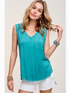 LA MIEL Acid Wash 90s Style Tank Top Raw Hem- Beach Bum Turquoise Small